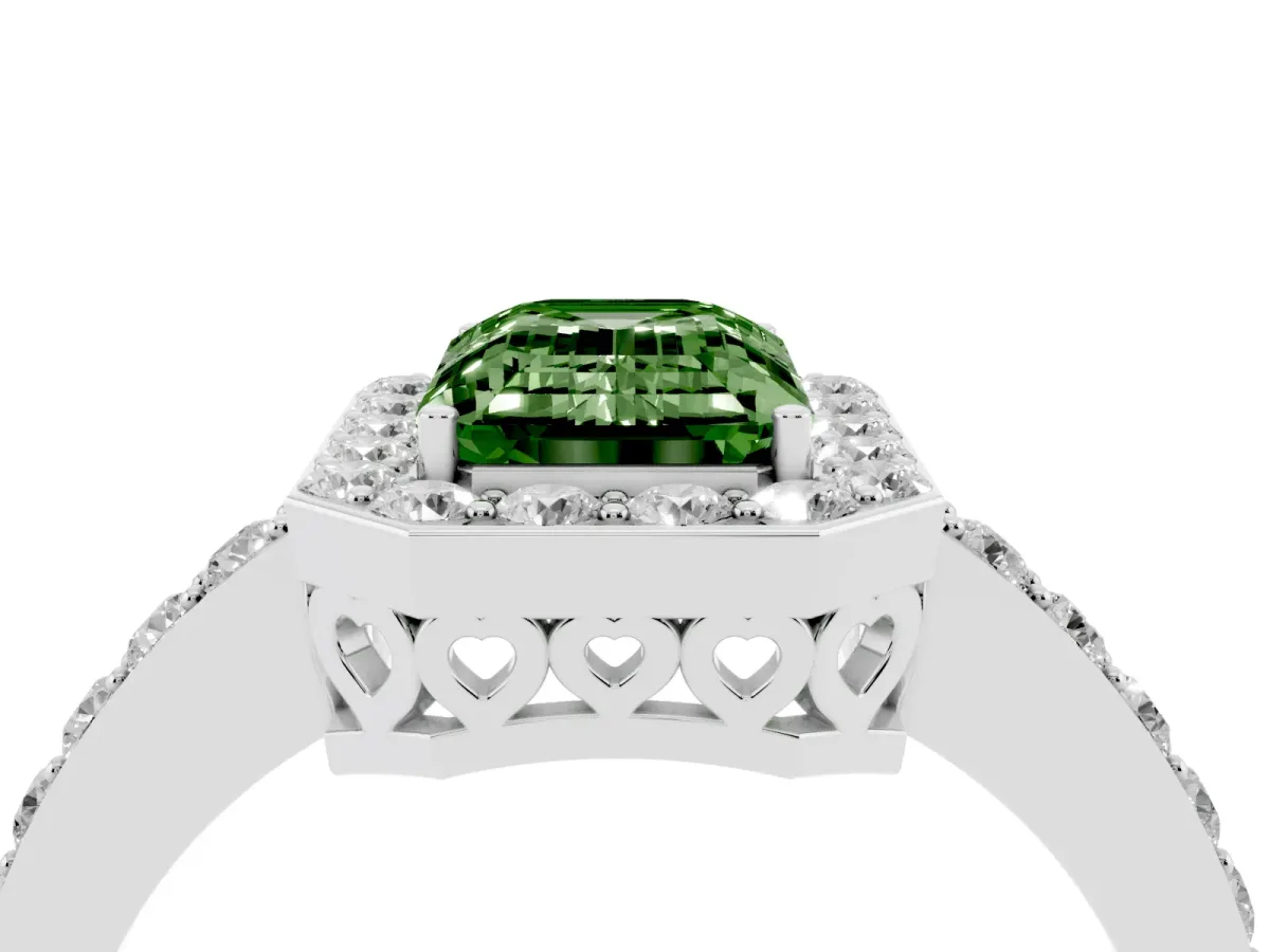 Fancy Green Emerald Cut Halo Diamond Pavé Band Ring with Prong Setting Silver