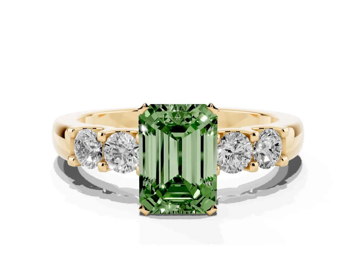 Fancy Green Emerald Cut Brilliant Cut Diamond Five-Stone Prong Set Engagement Ring with Channel Band Yellow gold