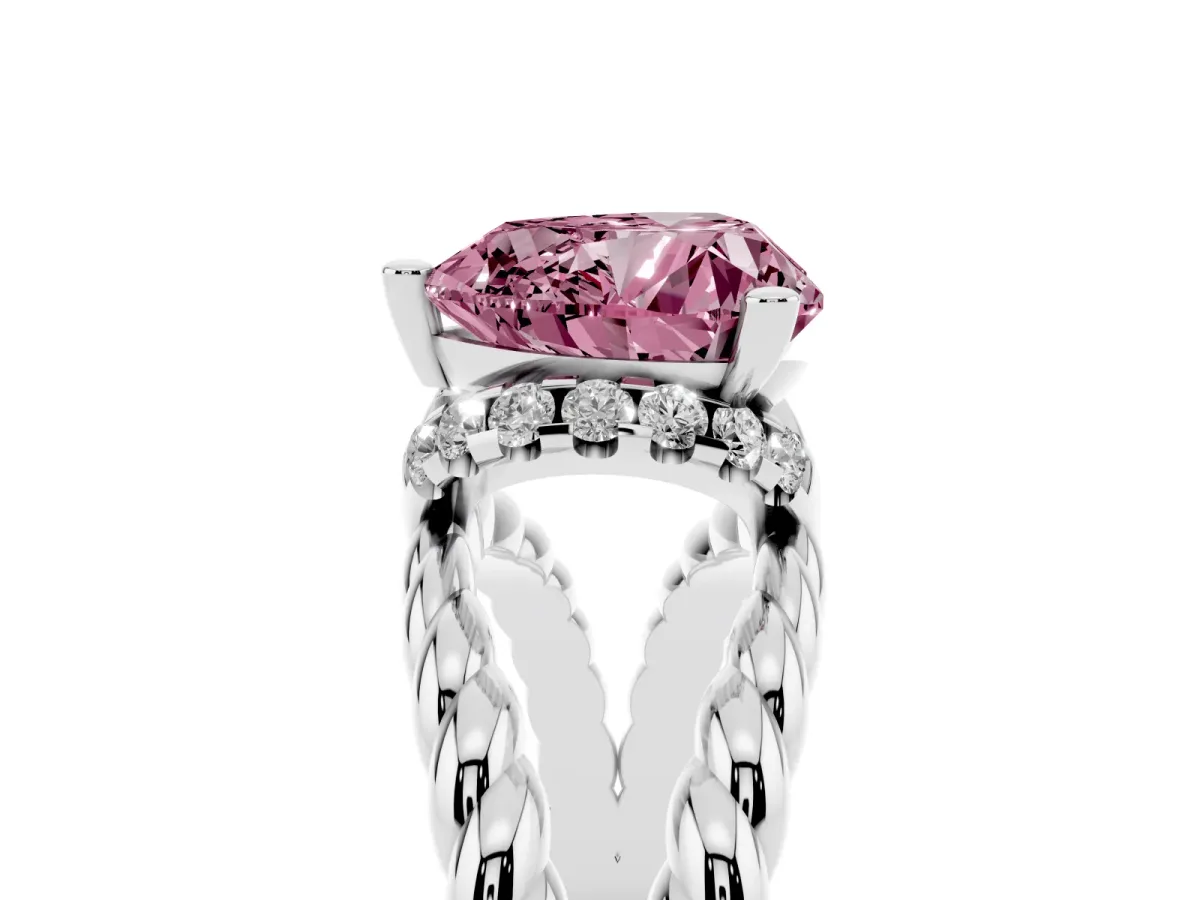 Fancy Pink Heart Cut Halo Twisted Band Four-Prong Ring Silver
