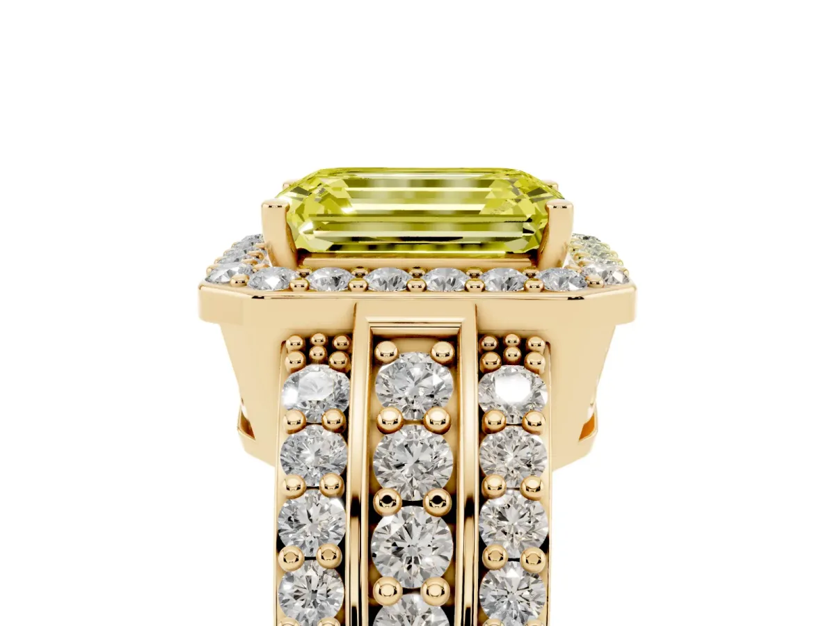 Fancy Yellow Emerald Cut Halo Diamond Ring with Round Split Shank and Prong Setting Yellow gold