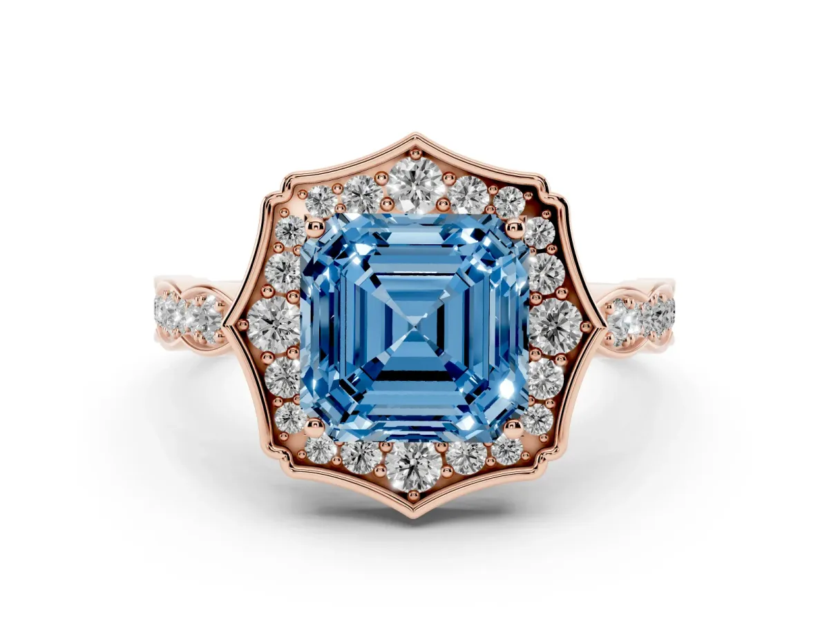 Fancy Blue Asscher Cut Halo Diamond Engagement Ring with Milgrain Band and Four-Prong Setting Rose gold