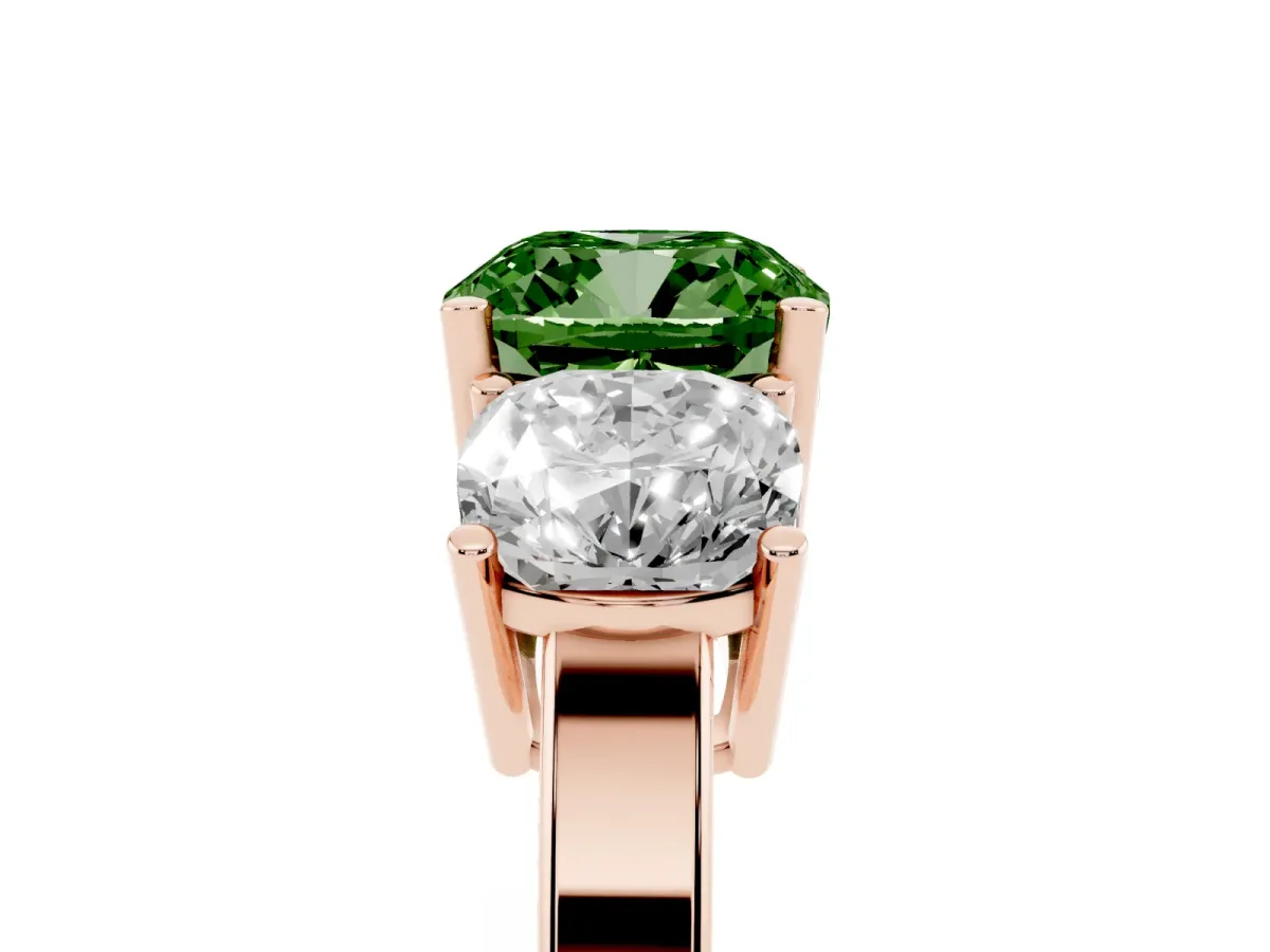 Fancy Green Three-Stone Cushion Cut Cut Diamond Engagement Ring with Flat Band and Four-Prong Setting Rose gold
