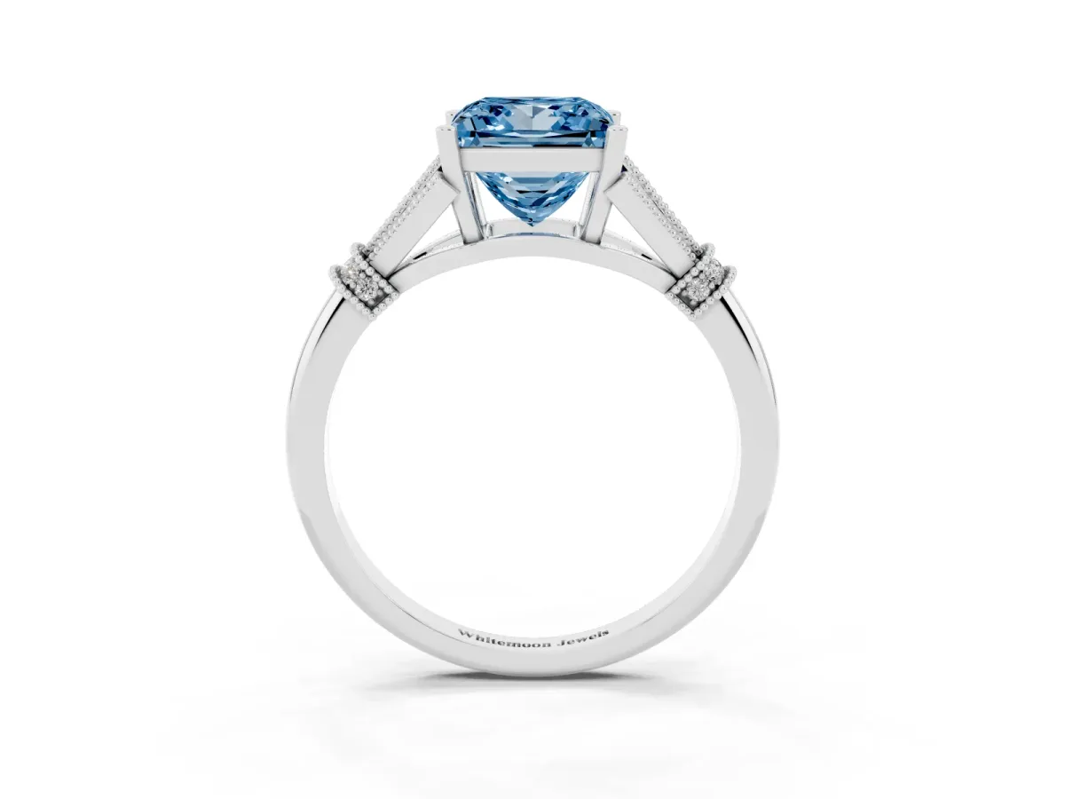 Fancy Blue Princess Cut Diamond Solitaire Ring with Floral Filigree and Pave Accents White gold