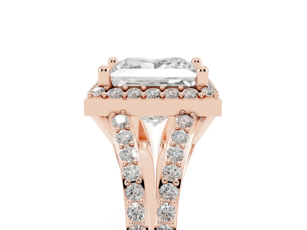 Princess Cut Halo Split Shank Pave Diamond Ring with Four-Prong Setting Rose gold