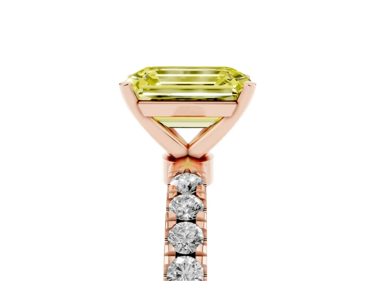 Fancy Yellow Emerald Cut Diamond Solitaire Ring with Pavé Accents and Four-Prong Setting Rose gold