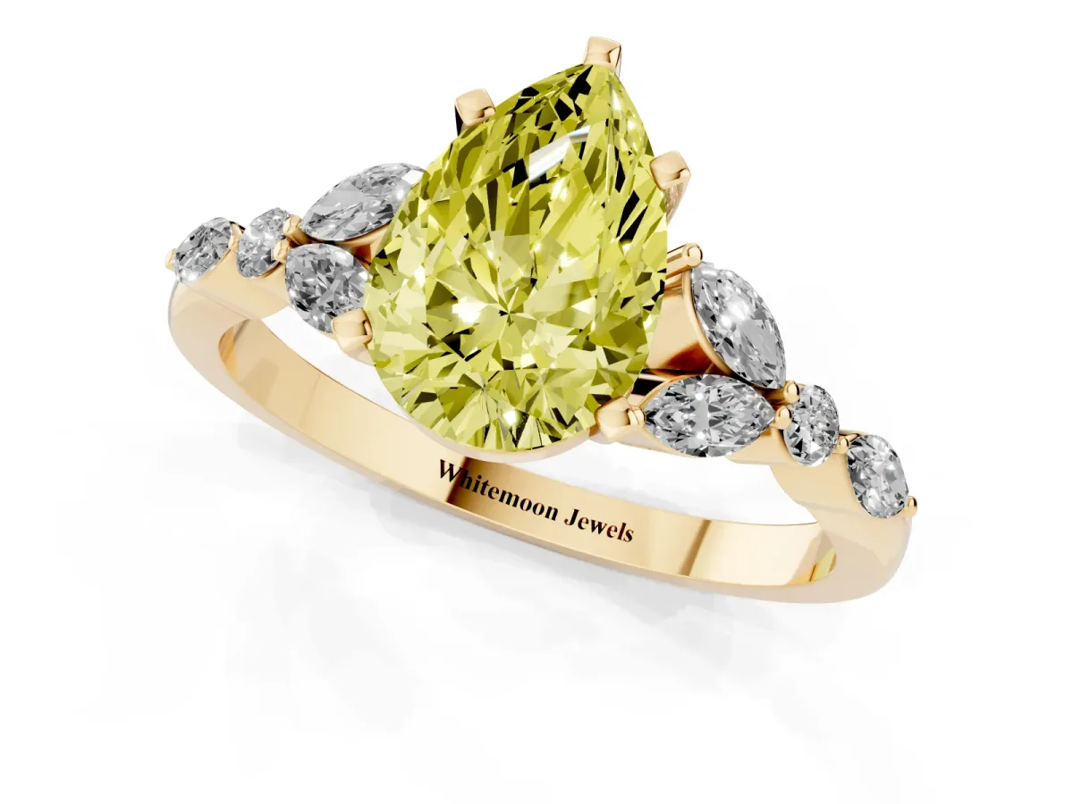 Fancy Yellow Pear Cut Diamond Solitaire Ring with Side Stones and Four-Prong Setting Yellow gold
