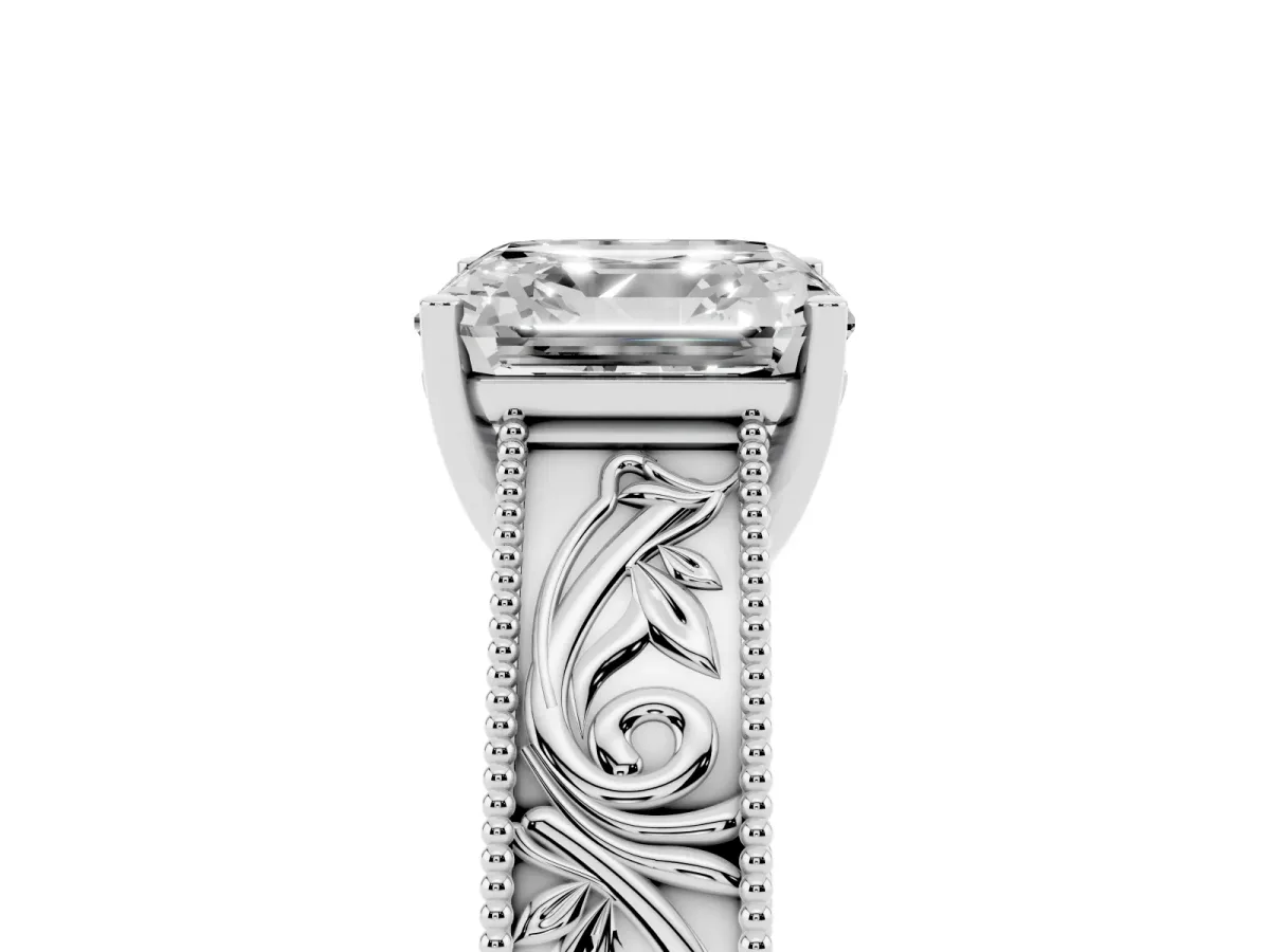 Asscher Cut Diamond Solitaire Ring with Engraved Band and Four-Prong Setting White gold