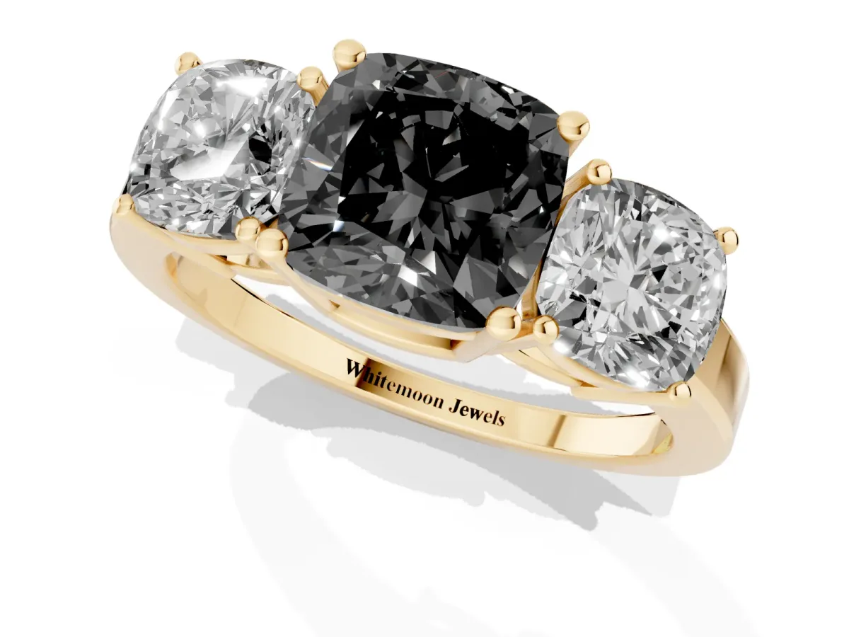 Fancy Black Three-Stone Cushion Cut Cut Diamond Engagement Ring with Flat Band and Four-Prong Setting Yellow gold