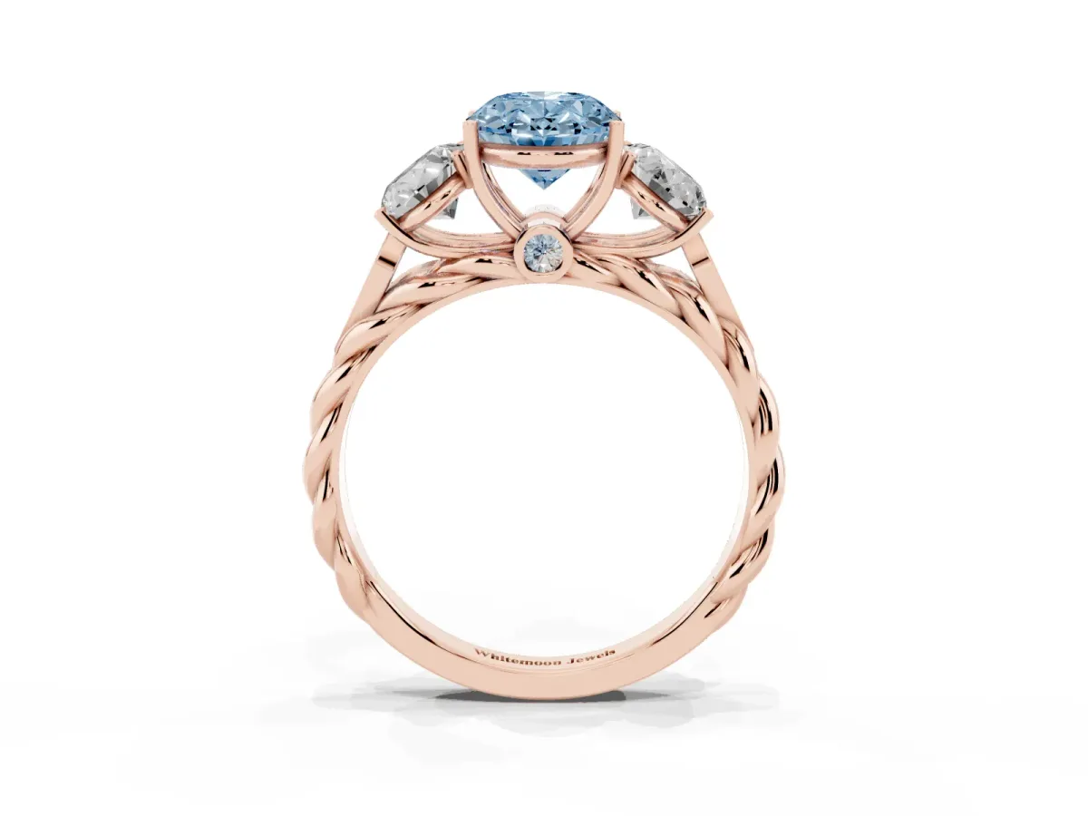Fancy Blue Three-Stone Oval Cut Diamond Braided Band Ring with Four-Prong Setting Rose gold