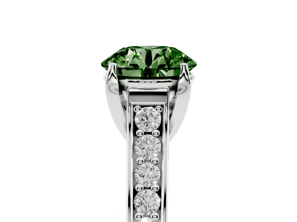 Fancy Green Round Cut Brilliant Cut Diamond Engagement Ring with Pavé Band and Four-Prong Setting Platinum