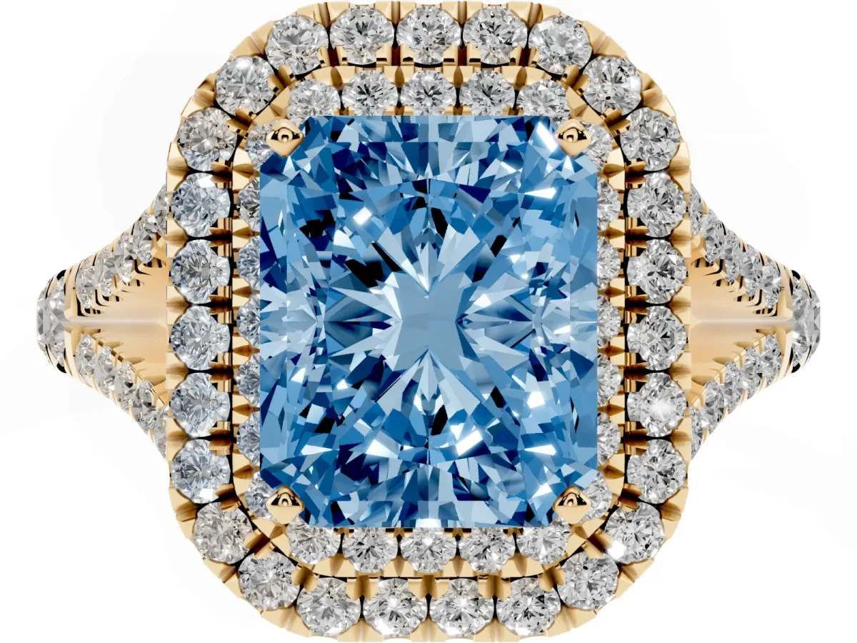 Fancy Blue Radiant Cut Diamond Pavé Split Shank Double Halo Engagement Ring Yellow gold