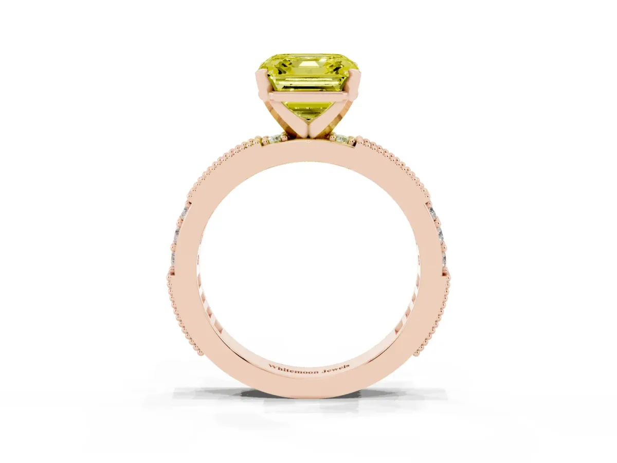 Fancy Yellow Asscher Cut Solitaire with Pavé Band and Four-Prong Setting Rose gold