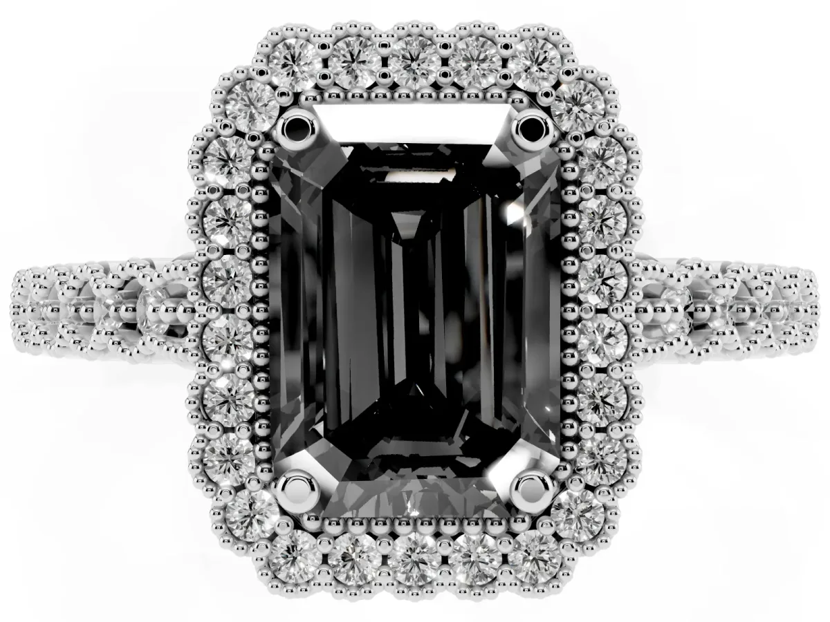 Fancy Black Emerald Cut Cut Halo Pavé Solitaire Ring with Milgrain Band Silver