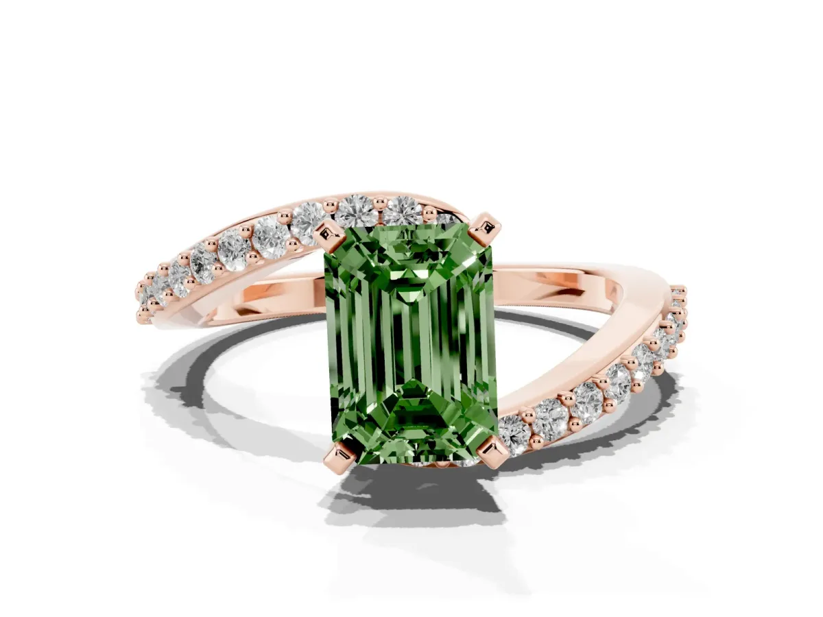 Fancy Green Emerald Cut Solitaire Twist Band with Pave Set Diamonds and Four-Prong Setting Rose gold
