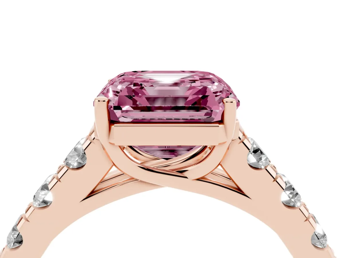 Fancy Pink Asscher Cut Cut Diamond Solitaire Ring with Micro Pave Band and Prong Setting Rose gold