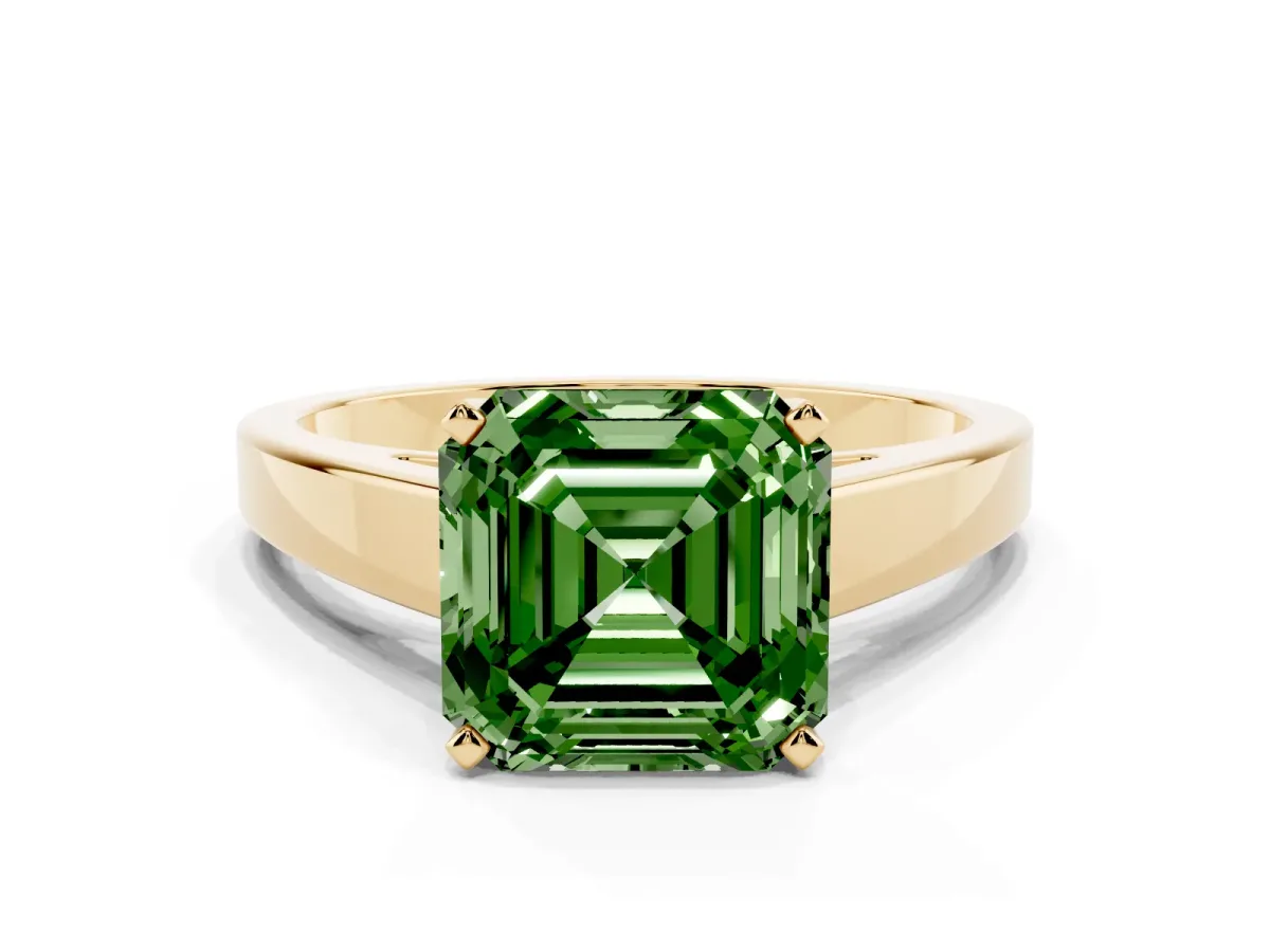 Fancy Green Asscher Cut Solitaire Engagement Ring with Four-Prong Setting and Tapered Band Yellow gold