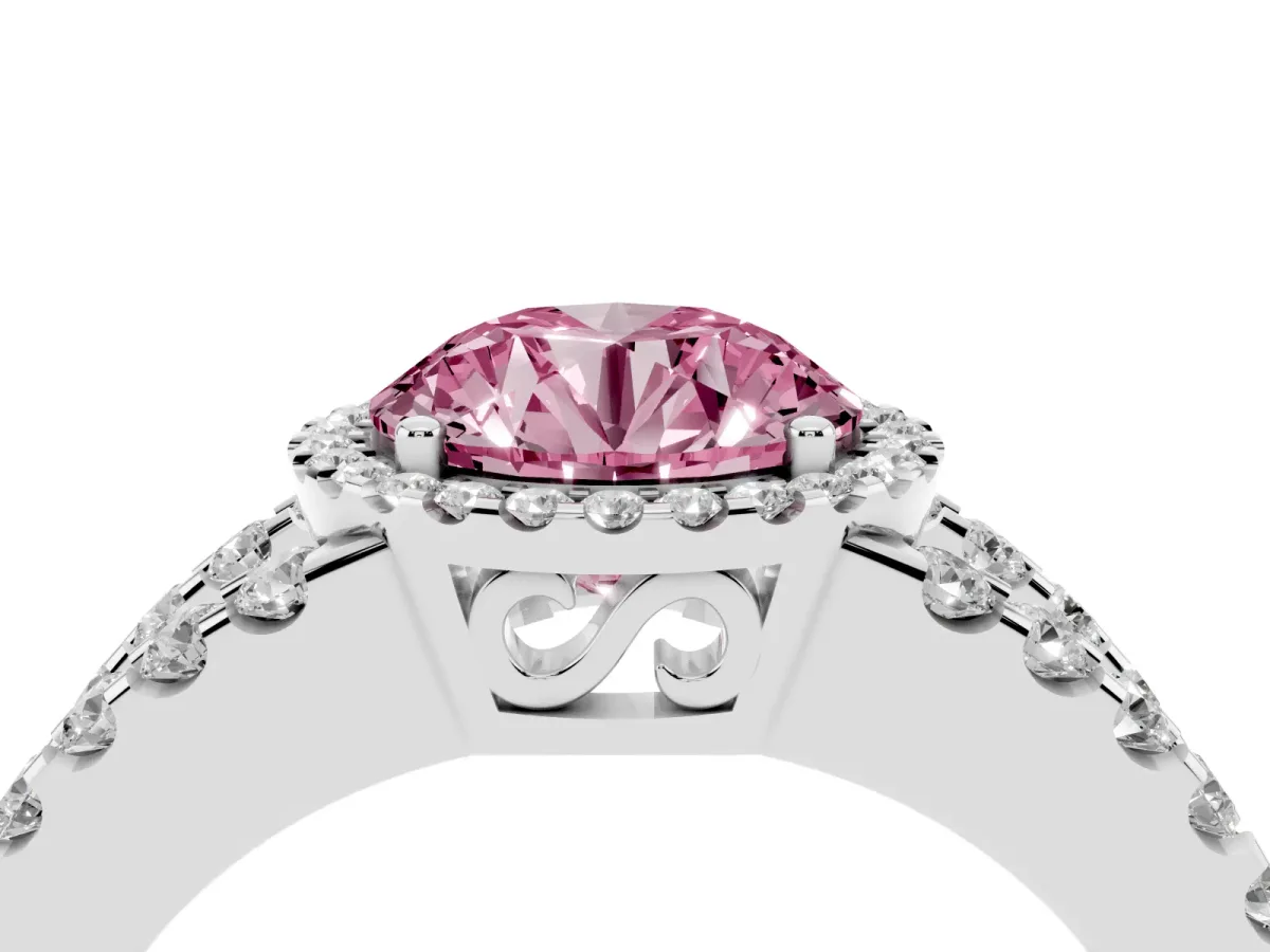 Fancy Pink Round Cut Cut Halo Split Shank Diamond Ring with Four-Prong Setting Silver