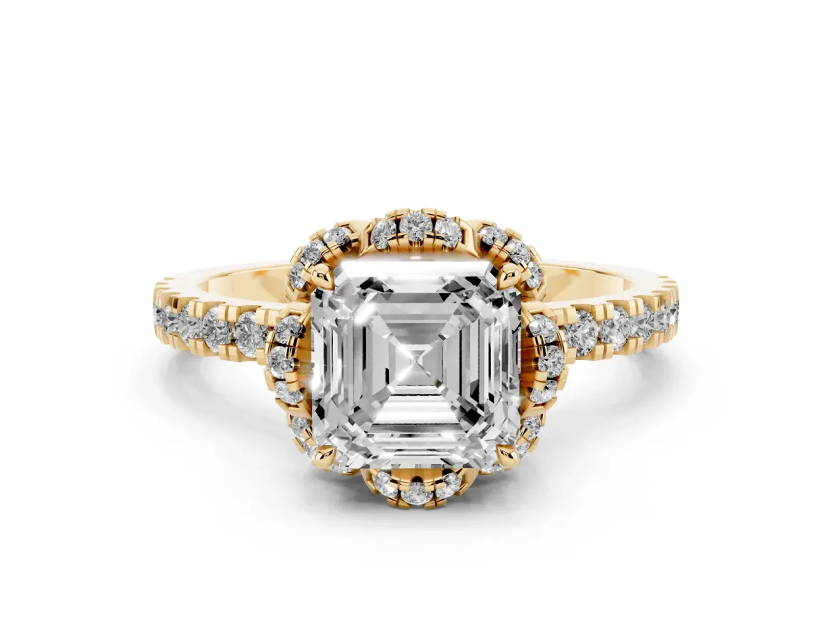 Asscher Cut Diamond Halo Pave Band with Four-Prong Setting Yellow gold