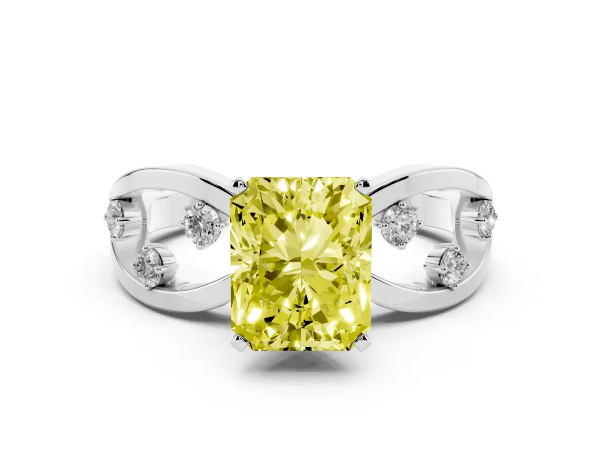 Fancy Yellow Radiant Cut Cut Solitaire Diamond with Side Stones on Criss-Cross Band and Four-Prong Setting Platinum
