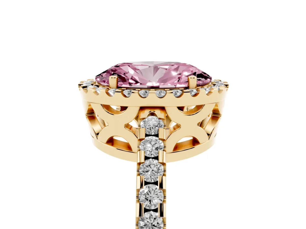 Fancy Pink Oval Cut Diamond Halo Engagement Ring with Pavé Band and Prong Setting Yellow gold