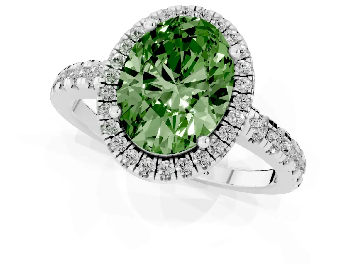 Fancy Green Oval Cut Diamond Halo Ring with Pavé Band and Four-Prong Setting Platinum