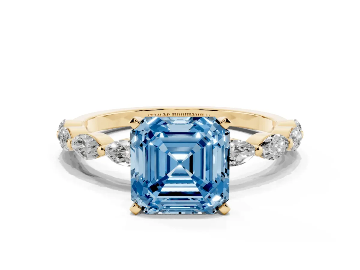 Fancy Blue Asscher Cut Diamond Ring with Marquise Side Stones and Prong Setting Yellow gold