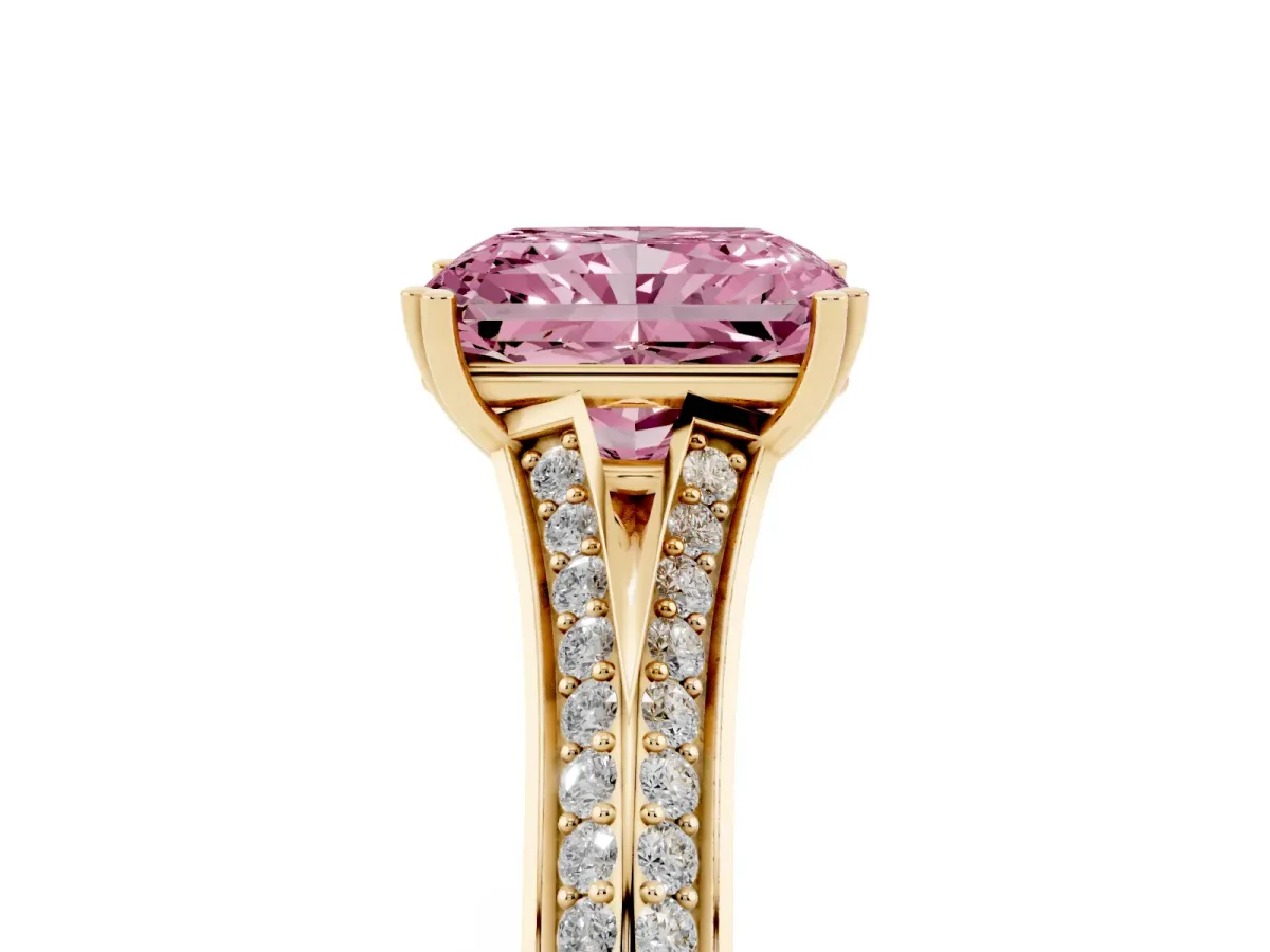 Fancy Pink Radiant Cut Diamond Split Shank Engagement Ring with Pavé Band Yellow gold