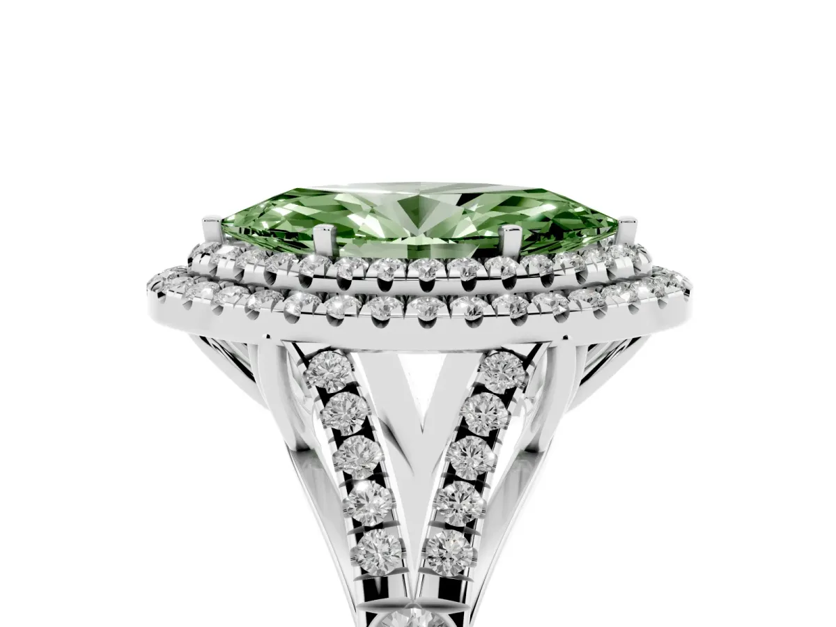 Fancy Green Marquise Cut Diamond Pavé Split Shank Double Halo Engagement Ring Silver