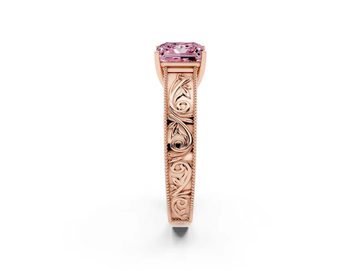 Fancy Pink Princess Cut Diamond Solitaire Ring with Engraved Band and Four-Prong Setting Rose gold