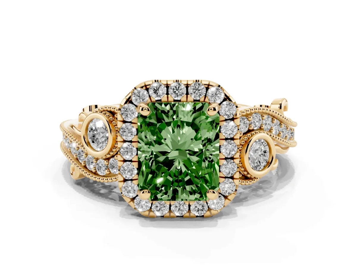 Fancy Green Radiant Cut Halo Diamond Ring with Milgrain and Bezel Accents on a Split Shank Band Yellow gold
