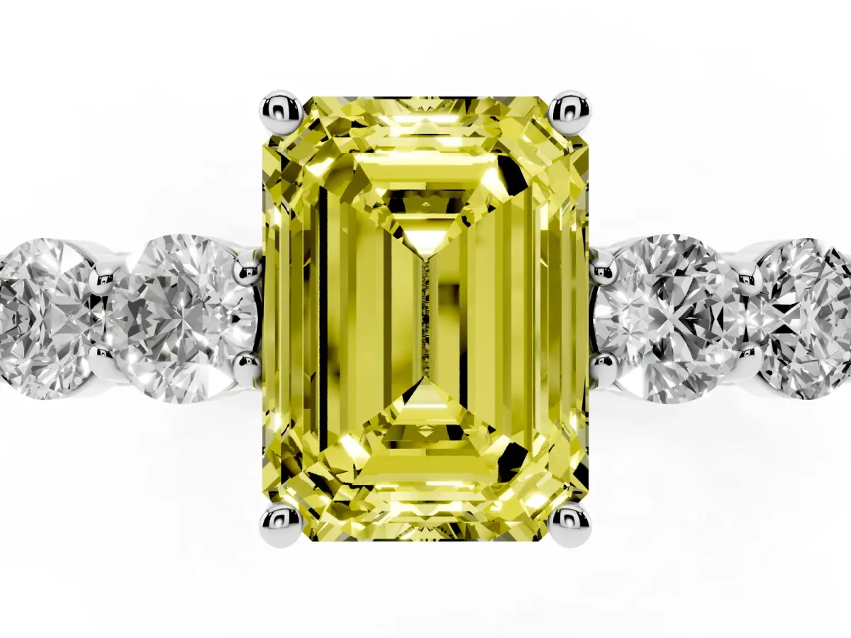 Fancy Yellow Emerald Cut Cut Diamond Five-Stone Prong Set White Gold Ring Silver