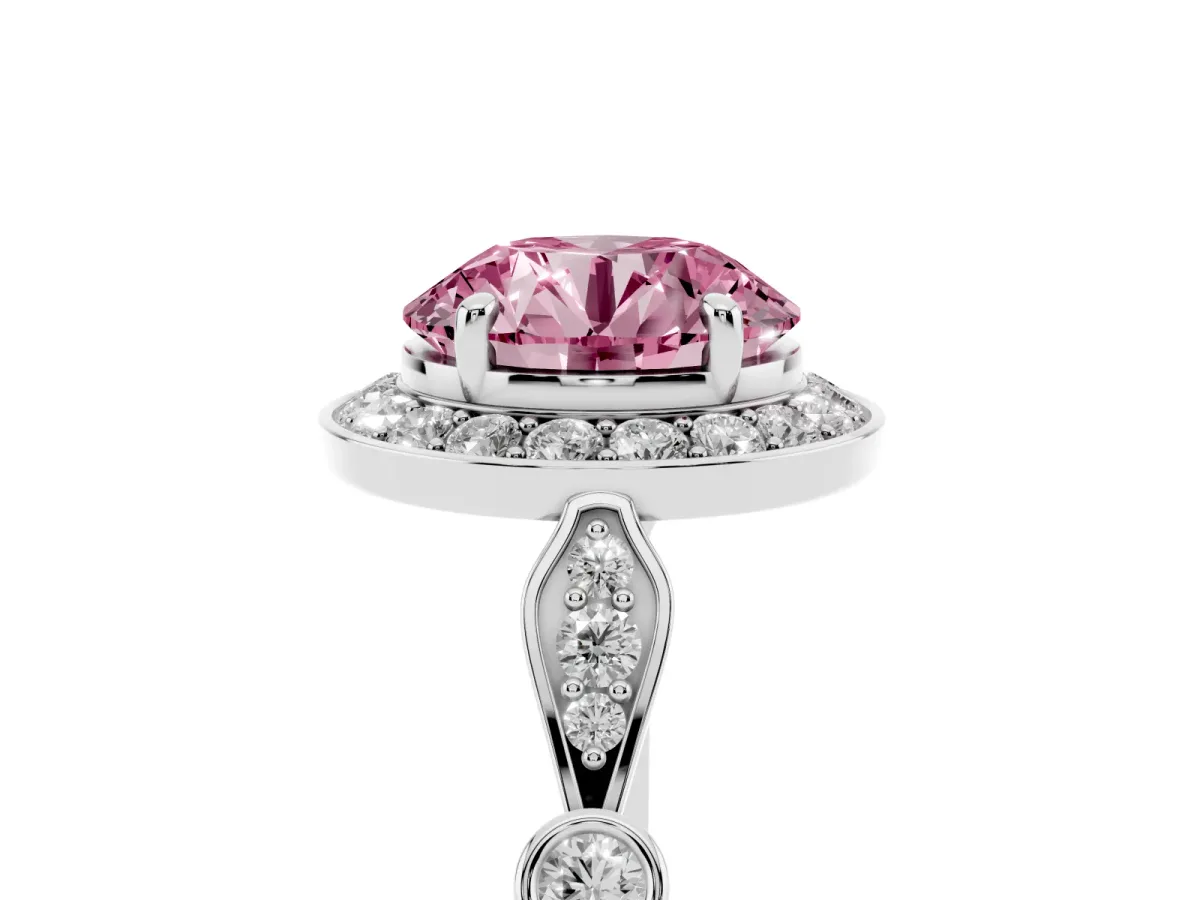 Fancy Pink Round Cut Halo Diamond Engagement Ring with Twisted Band and Four-Prong Setting Platinum