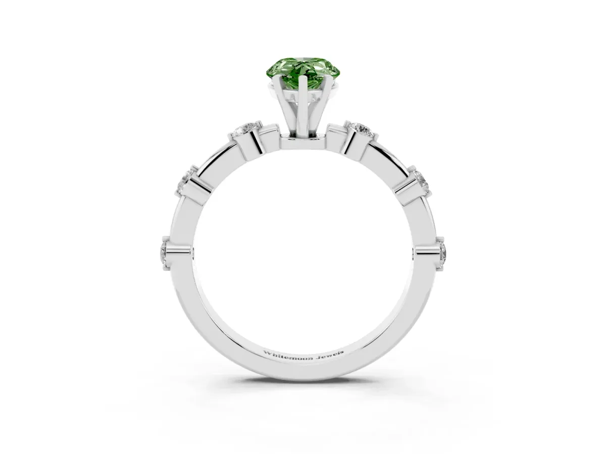 Fancy Green Pear Cut Solitaire Diamond Ring with Bezel Set Side Stones and Prong Setting Platinum