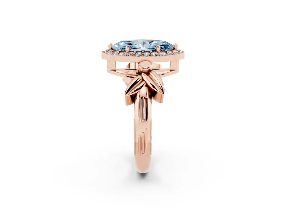 Fancy Blue Marquise Cut Halo Diamond Floral Band with Four-Prong Setting Rose gold