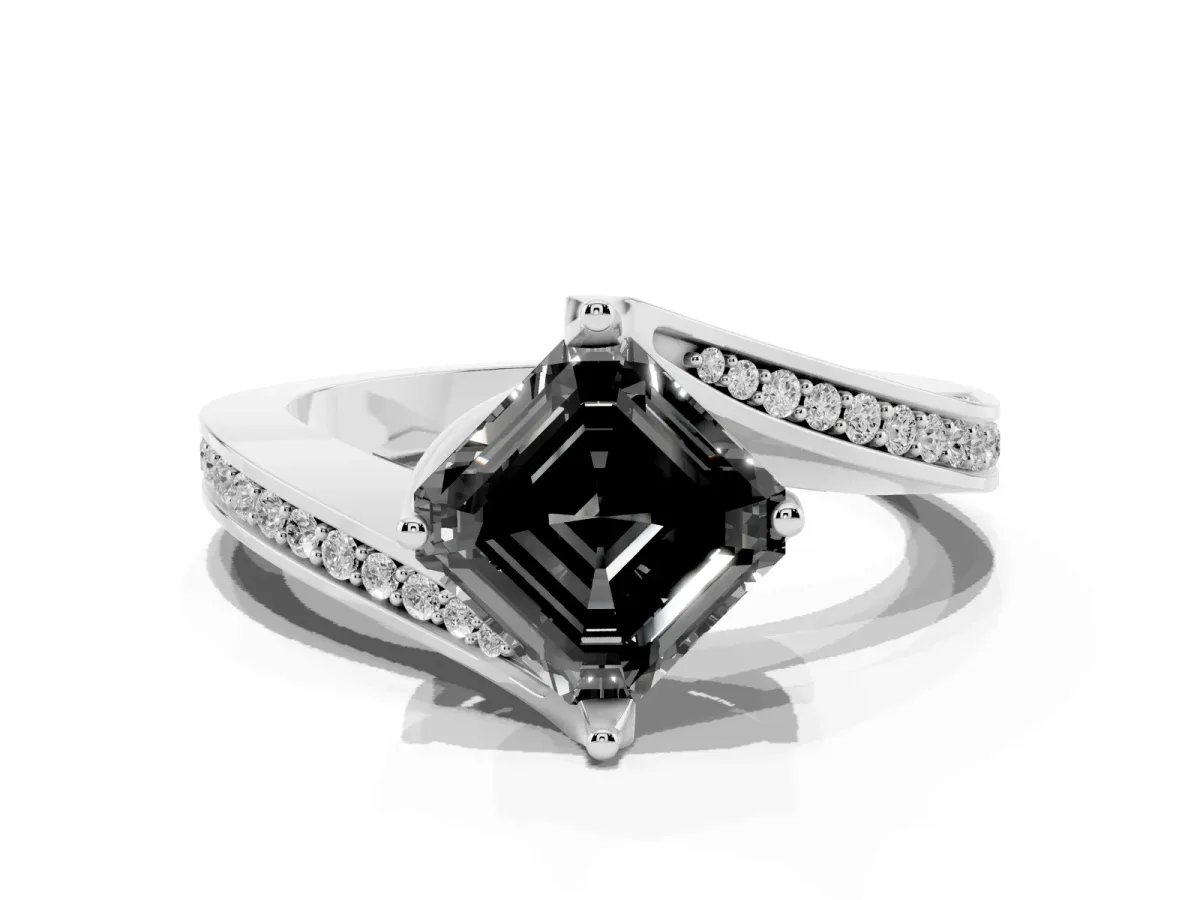 Fancy Black Asscher Cut Solitaire Diamond Twist Band with Pavé Setting and Four-Prong Setting Silver