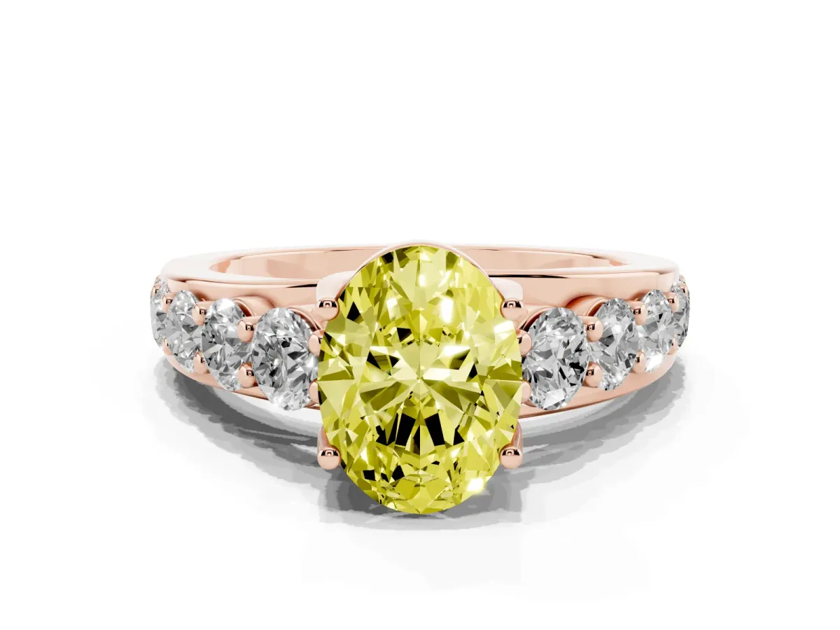 Fancy Yellow Oval Cut Diamond Engagement Ring with Pavé Band and Four-Prong Setting Rose gold