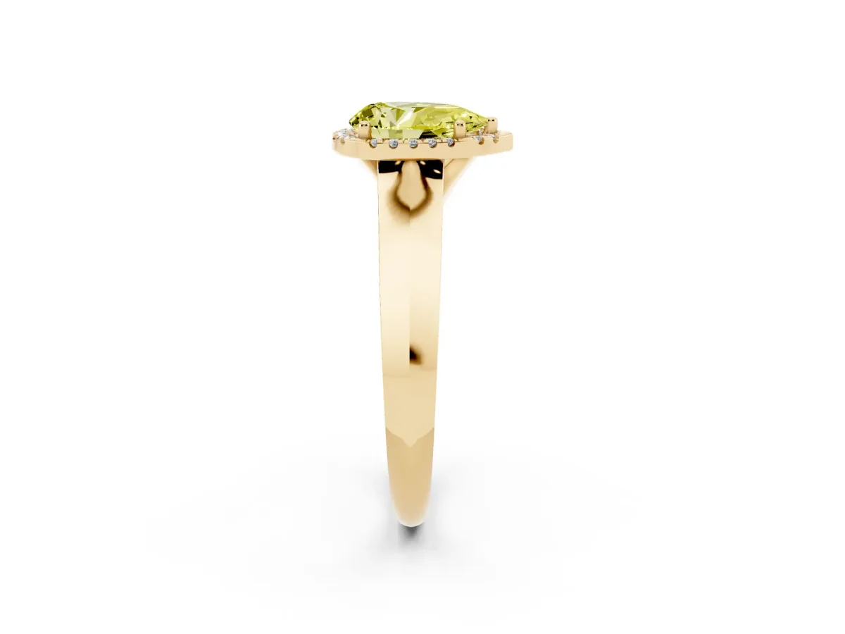 Fancy Yellow Pear Cut Halo Diamond Ring with Cathedral Band and Four-Prong Setting Yellow gold