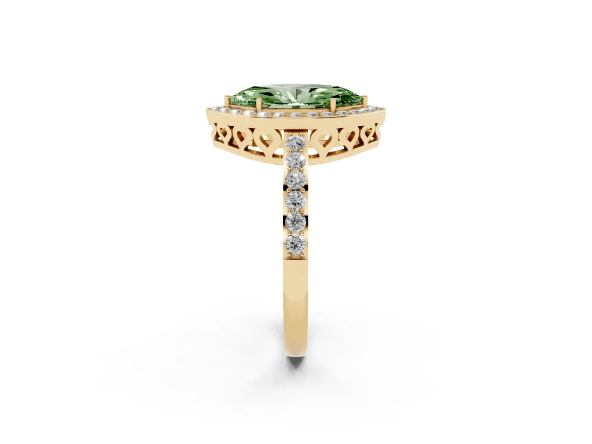 Fancy Green Marquise Cut Halo Diamond Pavé Band Ring with Prong Setting Yellow gold