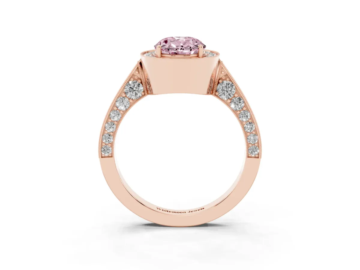 Fancy Pink Oval Cut Halo Diamond Engagement Ring with Split Shank Band and Four-Prong Setting Rose gold