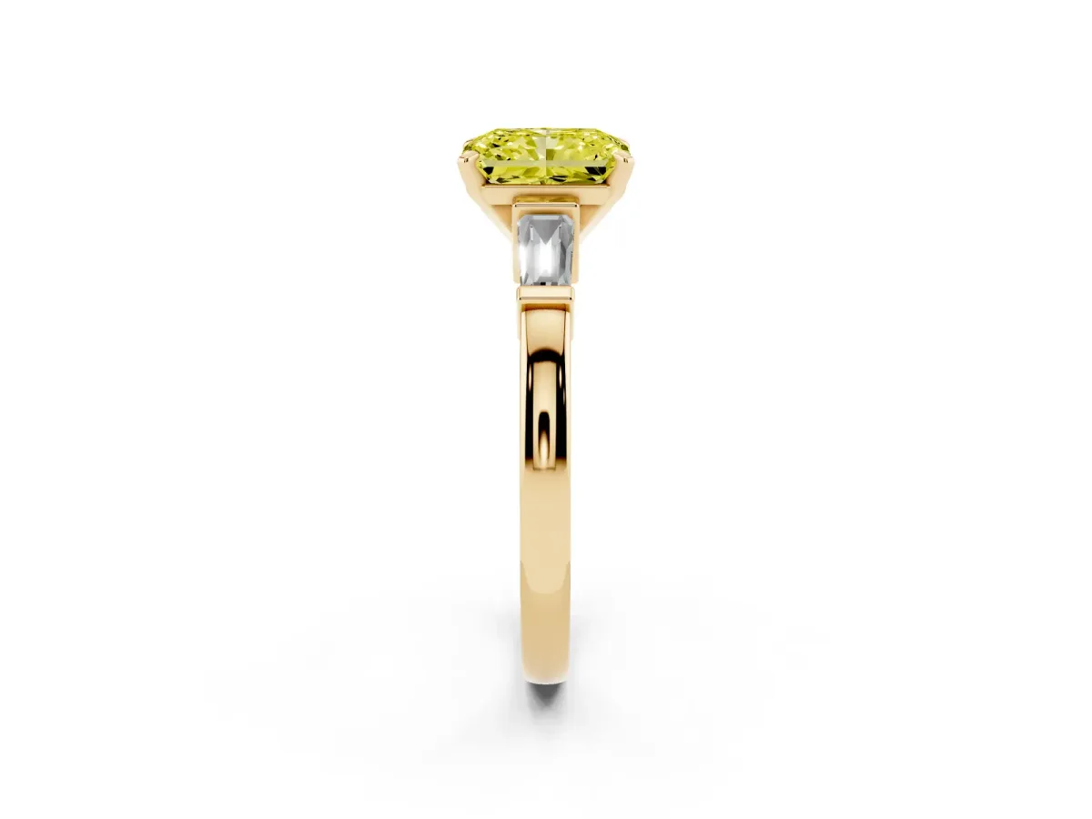 Fancy Yellow Radiant Cut Cut Diamond Solitaire Ring with Tapered Baguette Accents and Four-Prong Setting Yellow gold