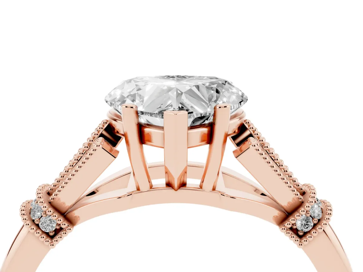 Heart Cut Diamond Solitaire Ring with Floral Filigree and Pave Accents Rose gold