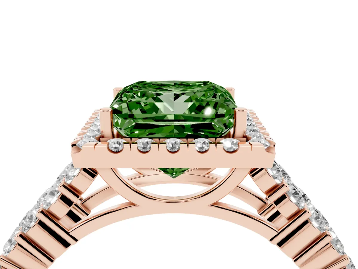 Fancy Green Princess Cut Diamond Halo Engagement Ring with Triple Row Round Pavé Band and Prong Setting Rose gold