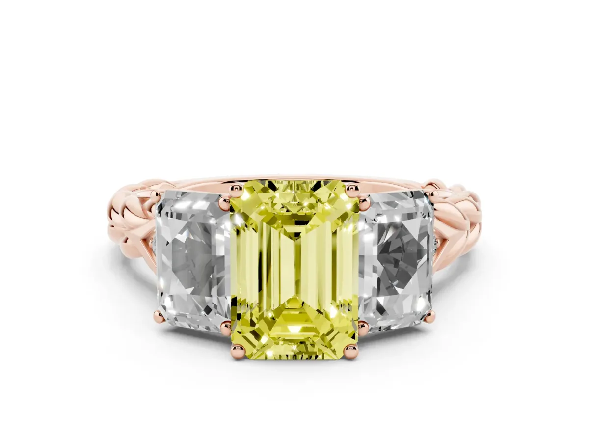 Fancy Yellow Three-Stone Radiant Cut Diamond Braided Band Ring with Four-Prong Setting Rose gold