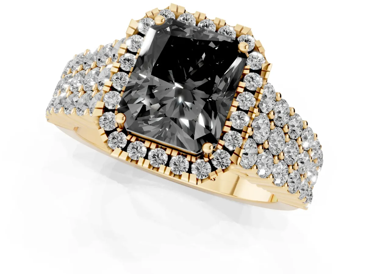 Fancy Black Radiant Cut Diamond Halo Engagement Ring with Triple Row Round Pavé Band and Prong Setting Yellow gold