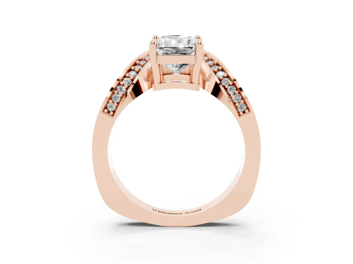 Radiant Cut Solitaire Diamond Engagement Ring with Pave Band and Four-Prong Setting Rose gold
