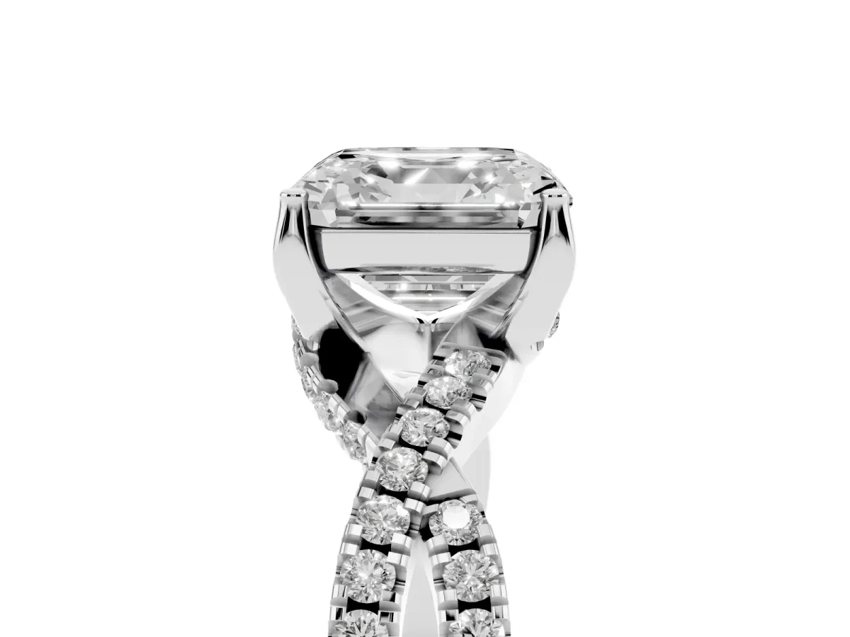 Asscher Cut Solitaire Twist Pave Diamond Engagement Ring with Prong Setting Silver