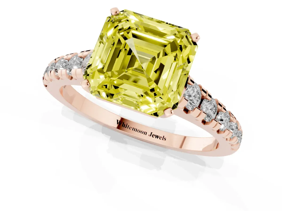 Fancy Yellow Asscher Cut Diamond Cathedral Solitaire Ring with Round Pavé Band Rose gold