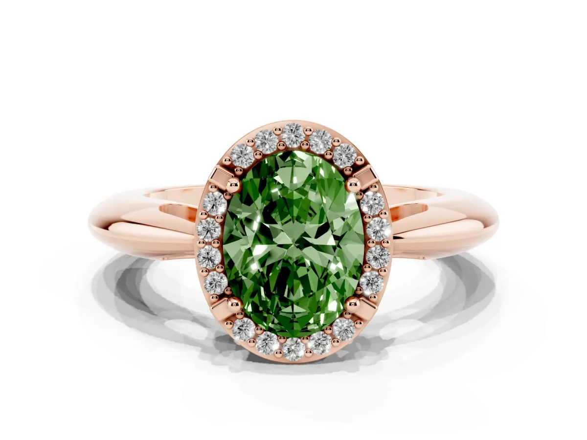 Fancy Green Oval Cut Cut Diamond Halo Engagement Ring with Split Shank and Four-Prong Setting Rose gold
