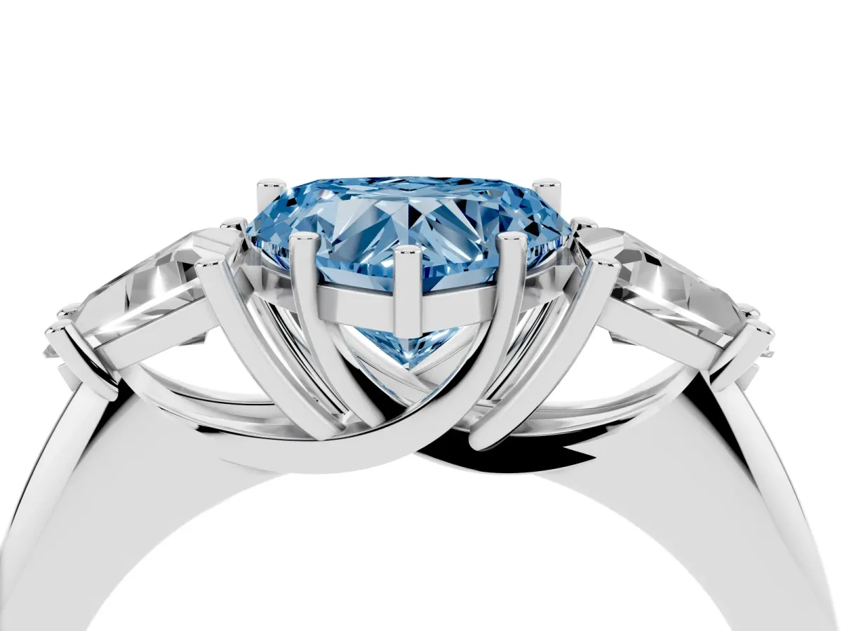 Fancy Blue Three-Stone Heart Cut Diamond Engagement Ring with Trillion Side Stones and Prong Setting Silver