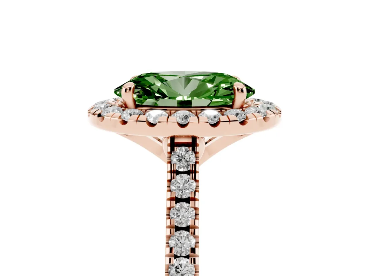 Fancy Green Oval Cut Diamond Cushion Halo Ring with Pavé Band Rose gold